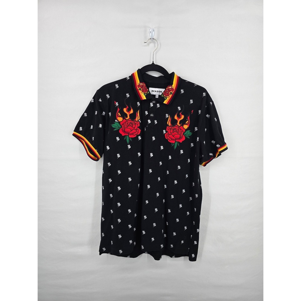 Reason Mens Flaming Rose Embroidered‎ Polo Shirt Black Floral Streetwear Large